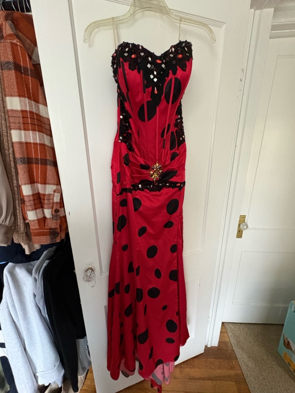 Strapless Red and Black Polka Dot Evening Dress with Embellished Bodice